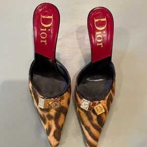 Christian Dior Pony Hair Pony Hair Leopard Pattern Dice Gambler Mules. Size 39/9